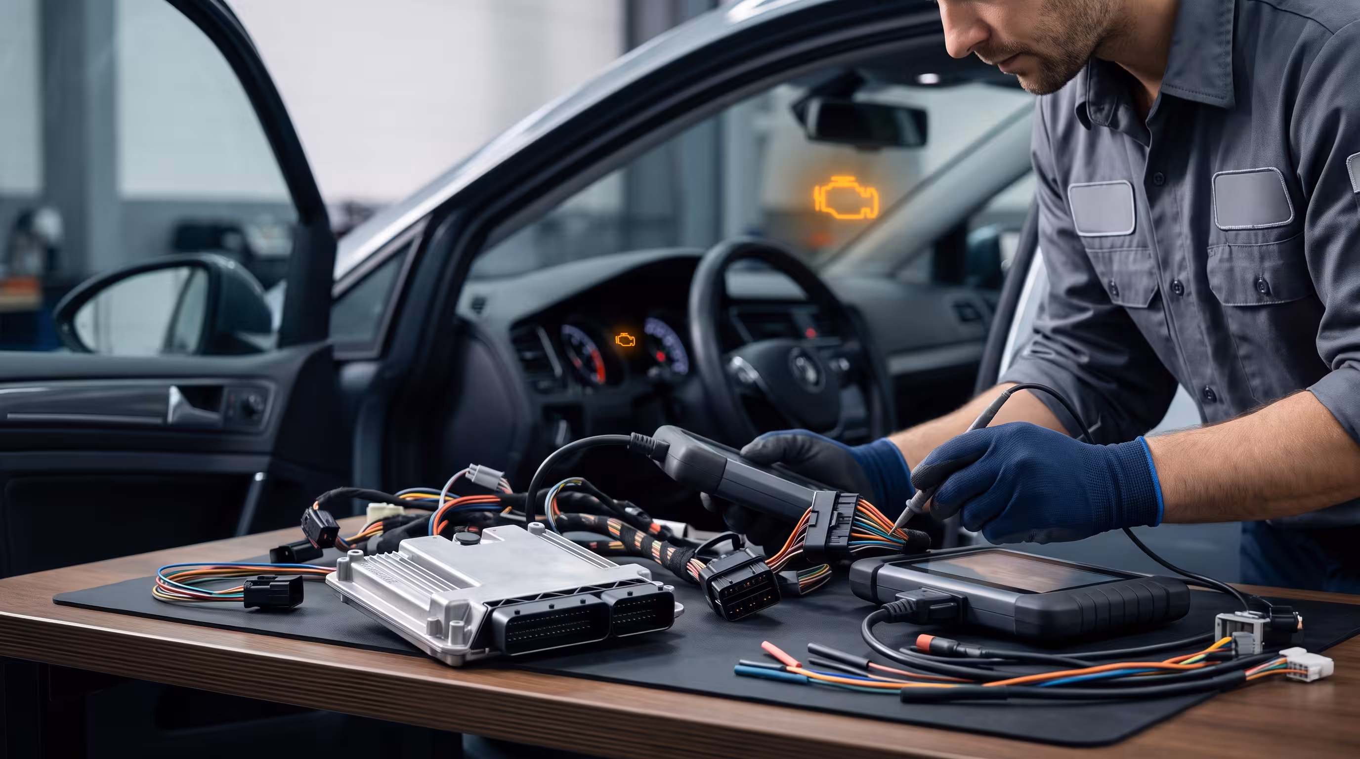 Mechanic examining an engine control unit and wiring while diagnosing a check engine light