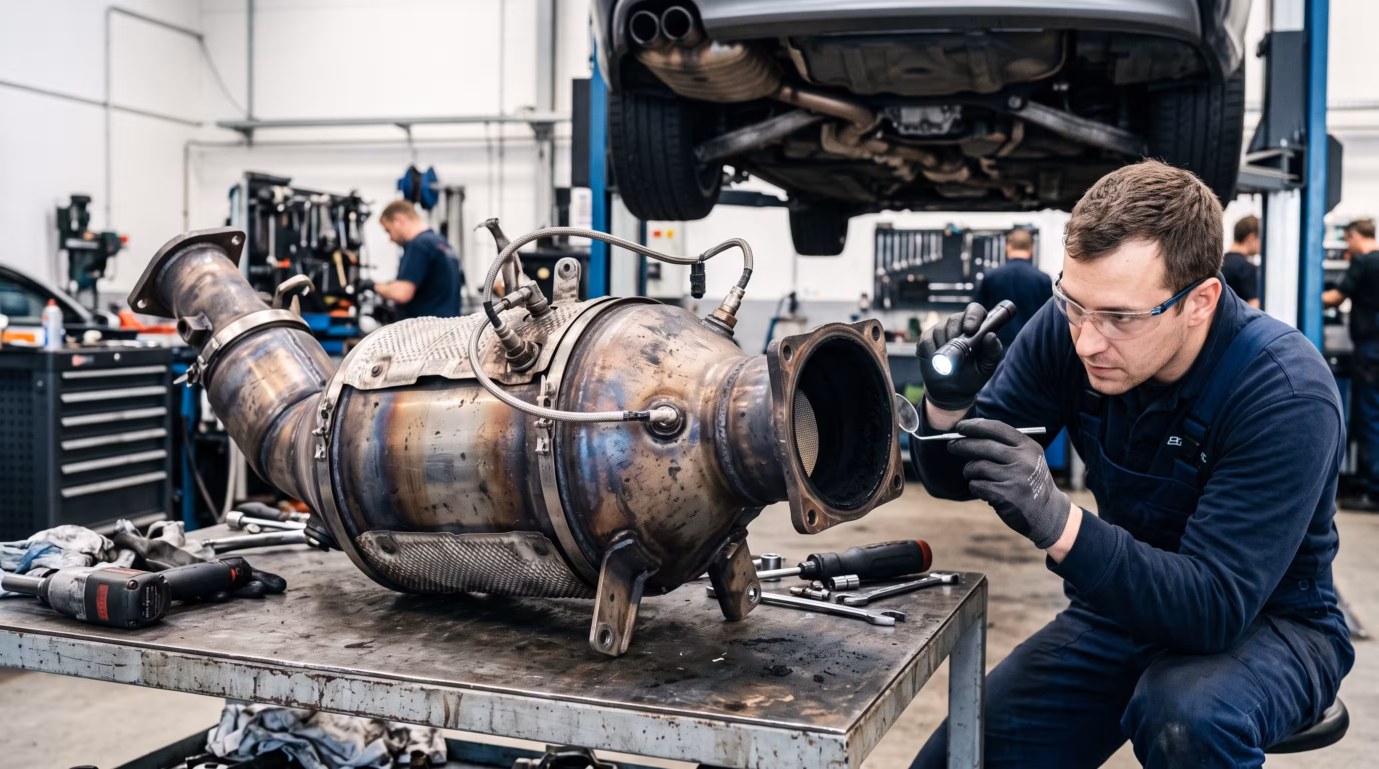 Diesel particulate filter and catalytic exhaust assembly removed from a European diesel car for inspection and replacement