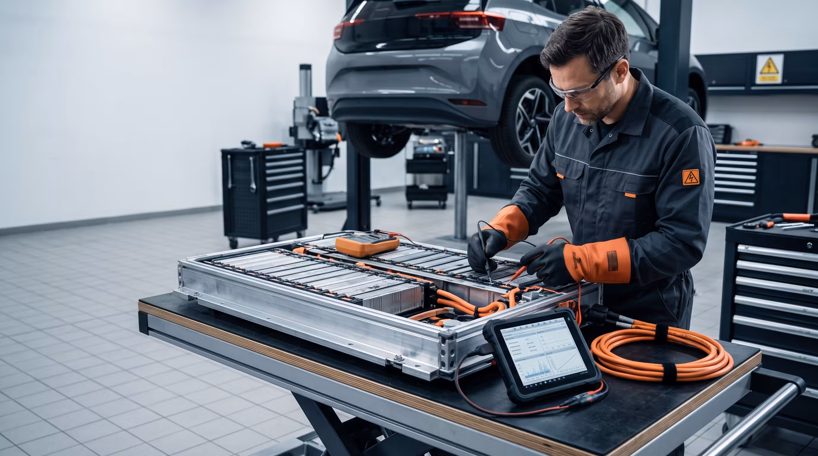 Technician inspecting a hybrid or EV battery pack during a replacement and diagnostic assessment