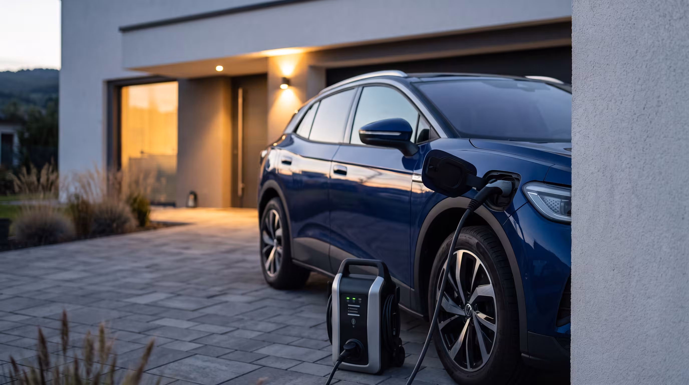 Portable home EV charger connected to a European electric vehicle in a residential driveway charging setup
