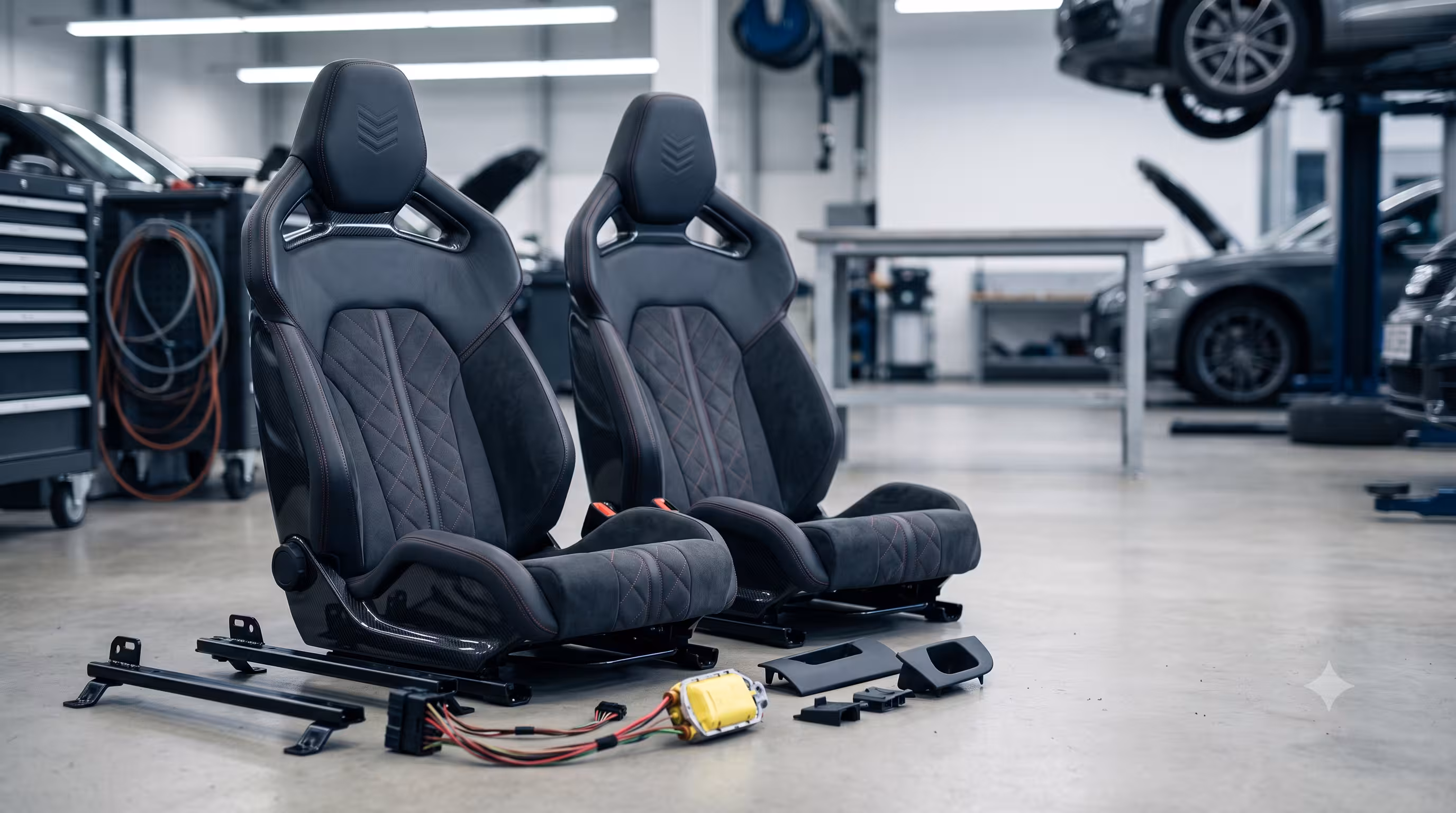 Recaro sport seats with rails, wiring, and trim parts prepared for a European interior upgrade and fitment check