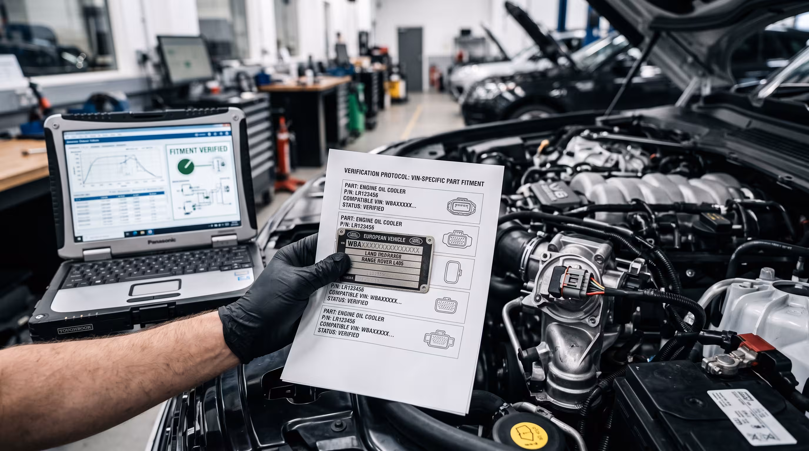 Mechanic verifying a European vehicle VIN plate and part compatibility during an auto parts fitment check